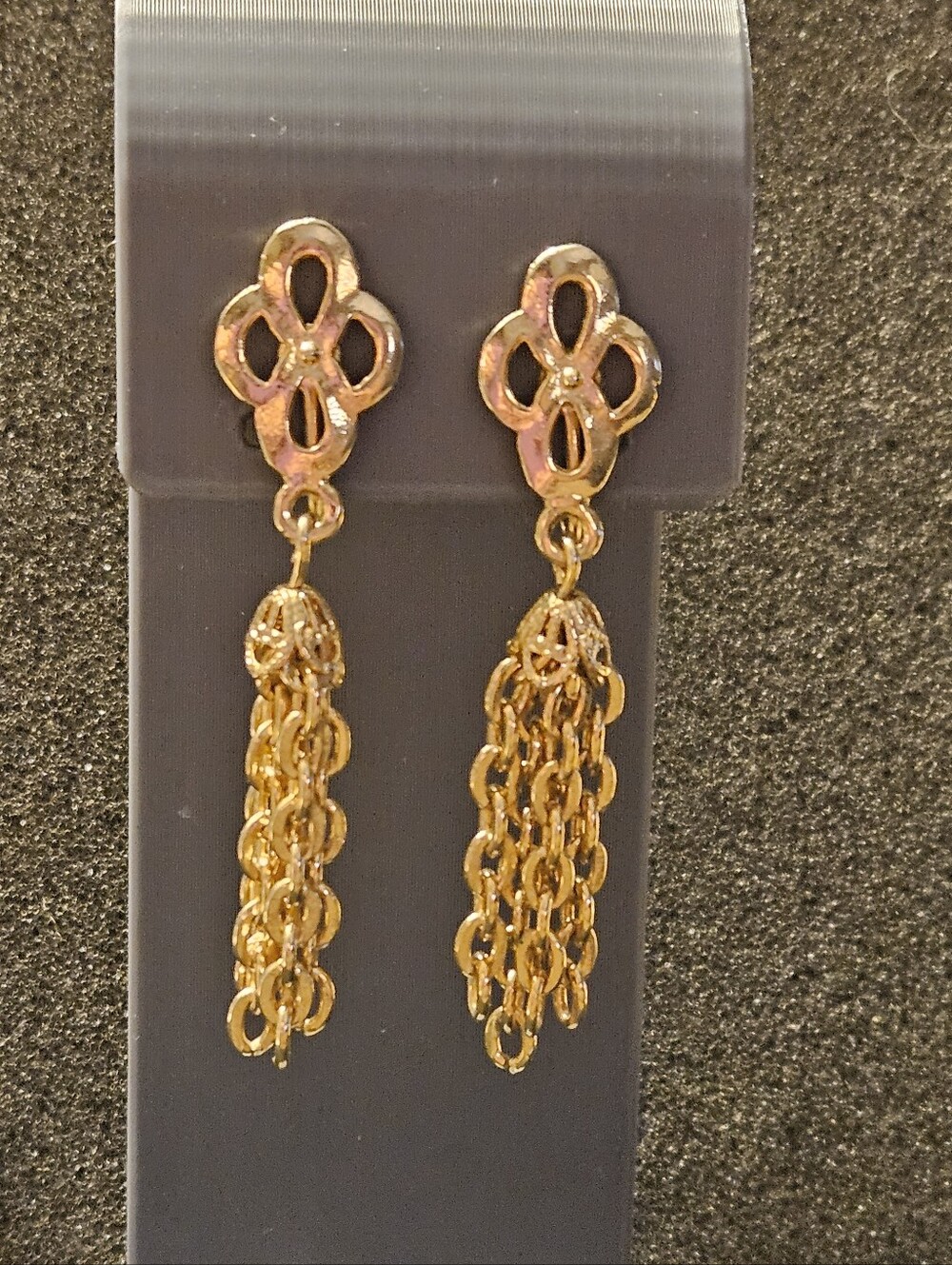 Vintage Parklane Gold Tone Tassel Chain Drop Earrings W/Floral Upper Decoration